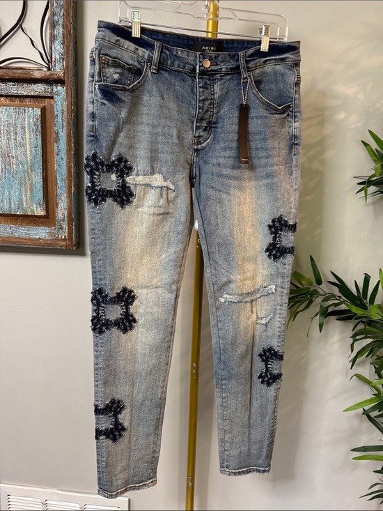 AMIRI Denim - AMIRI Women's Light Blue Distressed Skinny Jeans with Embellished Patches EUC 34